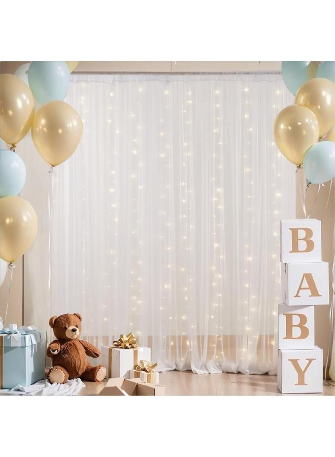 White Tulle Backdrop Curtain with Lights String for Parites, Sheer Backdrop Curtains for Wedding Baby Shower Birthday Party Photo Shoot Decorations(2pcs) - Image 2