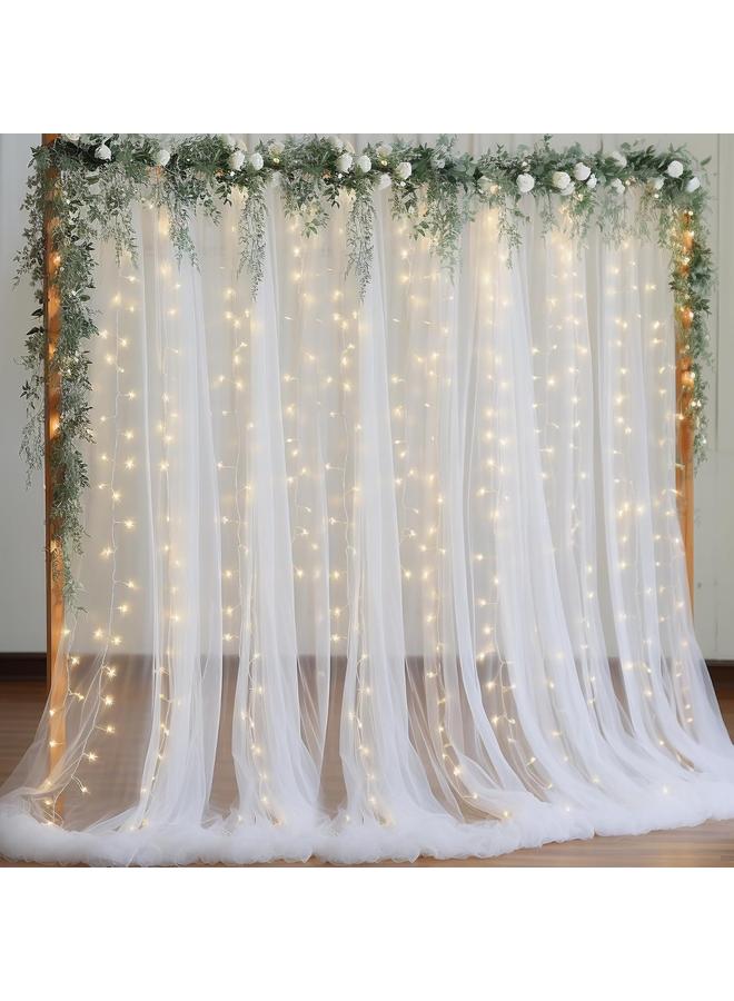 White Tulle Backdrop Curtain with Lights String for Parites, Sheer Backdrop Curtains for Wedding Baby Shower Birthday Party Photo Shoot Decorations(2pcs) - Image 1