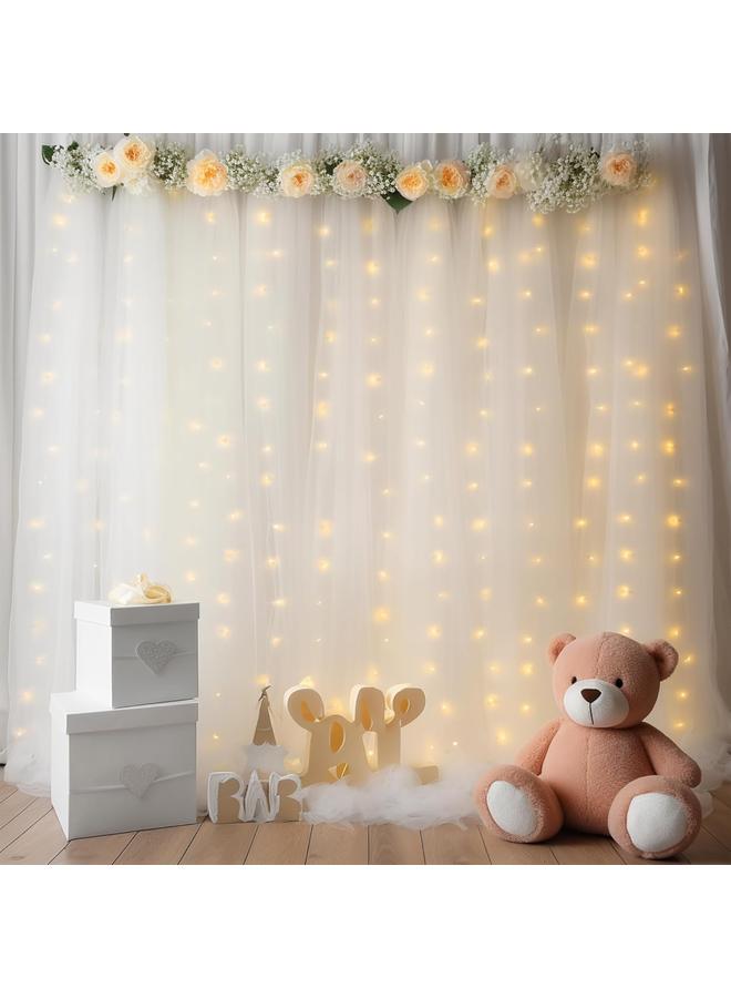 White Tulle Backdrop Curtain with Lights String for Parites, Sheer Backdrop Curtains for Wedding Baby Shower Birthday Party Photo Shoot Decorations(2pcs) - Image 3