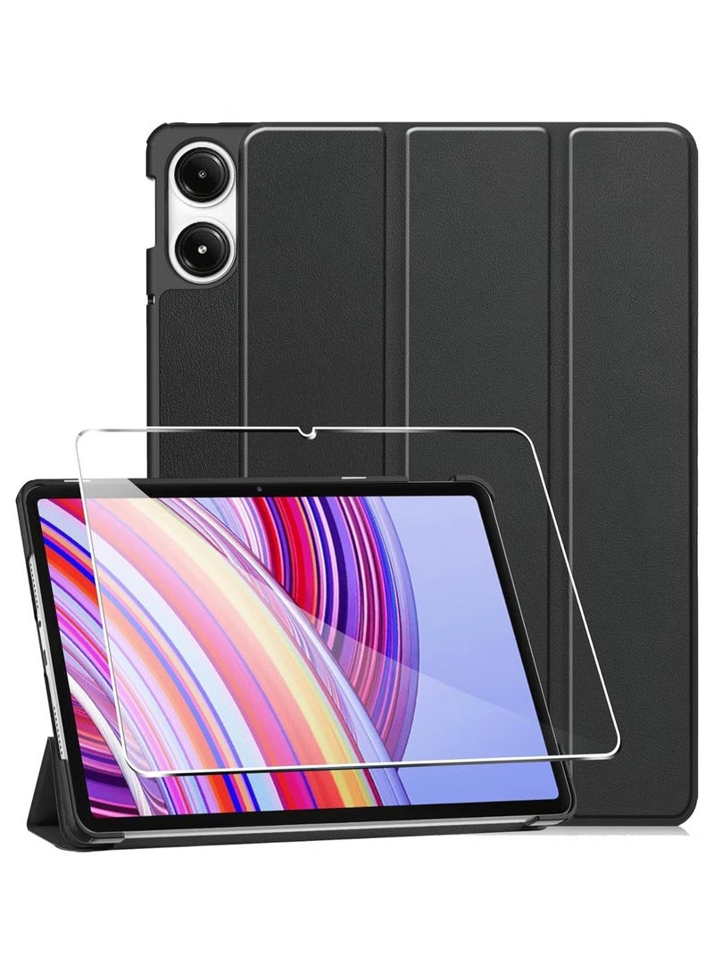 Protective Case for Xiaomi Redmi Pad Pro 12.1 Inch | Black PU Leather Flip Wallet Cover with Tempered Glass Screen Protector | Shockproof, Full Protection, Stylish Design