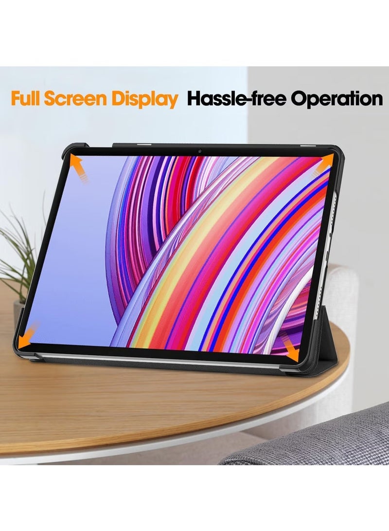 Protective Case for Xiaomi Redmi Pad Pro 12.1 Inch | Black PU Leather Flip Wallet Cover with Tempered Glass Screen Protector | Shockproof, Full Protection, Stylish Design