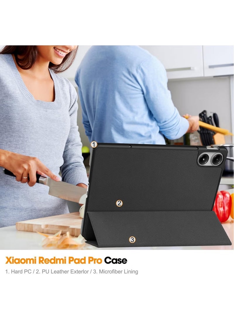 Protective Case for Xiaomi Redmi Pad Pro 12.1 Inch | Black PU Leather Flip Wallet Cover with Tempered Glass Screen Protector | Shockproof, Full Protection, Stylish Design