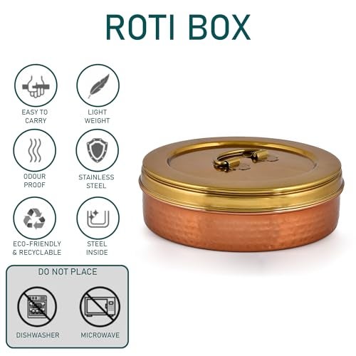 Elan Dabbahs and Days Stainless Steel Casserole for Roti, Papad, Chapati | 8.5 Inch Box for Kitchen | Chapati Box | Hot Pot Roti Box for Fresh & Warm Rotis (Copper and Antique Gold Finish) - Image 3