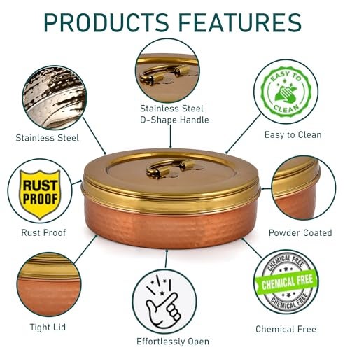 Elan Dabbahs and Days Stainless Steel Casserole for Roti, Papad, Chapati | 8.5 Inch Box for Kitchen | Chapati Box | Hot Pot Roti Box for Fresh & Warm Rotis (Copper and Antique Gold Finish) - Image 4