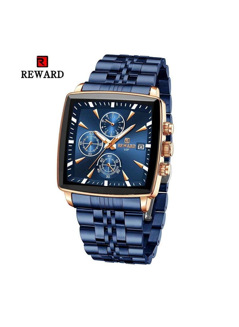 REWARD Quartz Mens Watch, Waterproof Luminous Sport Watch, Comfortable Stainless Steel Chronograph Wristwatch, Lightweight And Durable Business Watch, (1pc, Blue And Gold) - Image 1