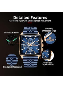 REWARD Quartz Mens Watch, Waterproof Luminous Sport Watch, Comfortable Stainless Steel Chronograph Wristwatch, Lightweight And Durable Business Watch, (1pc, Blue And Gold)  - Image 4