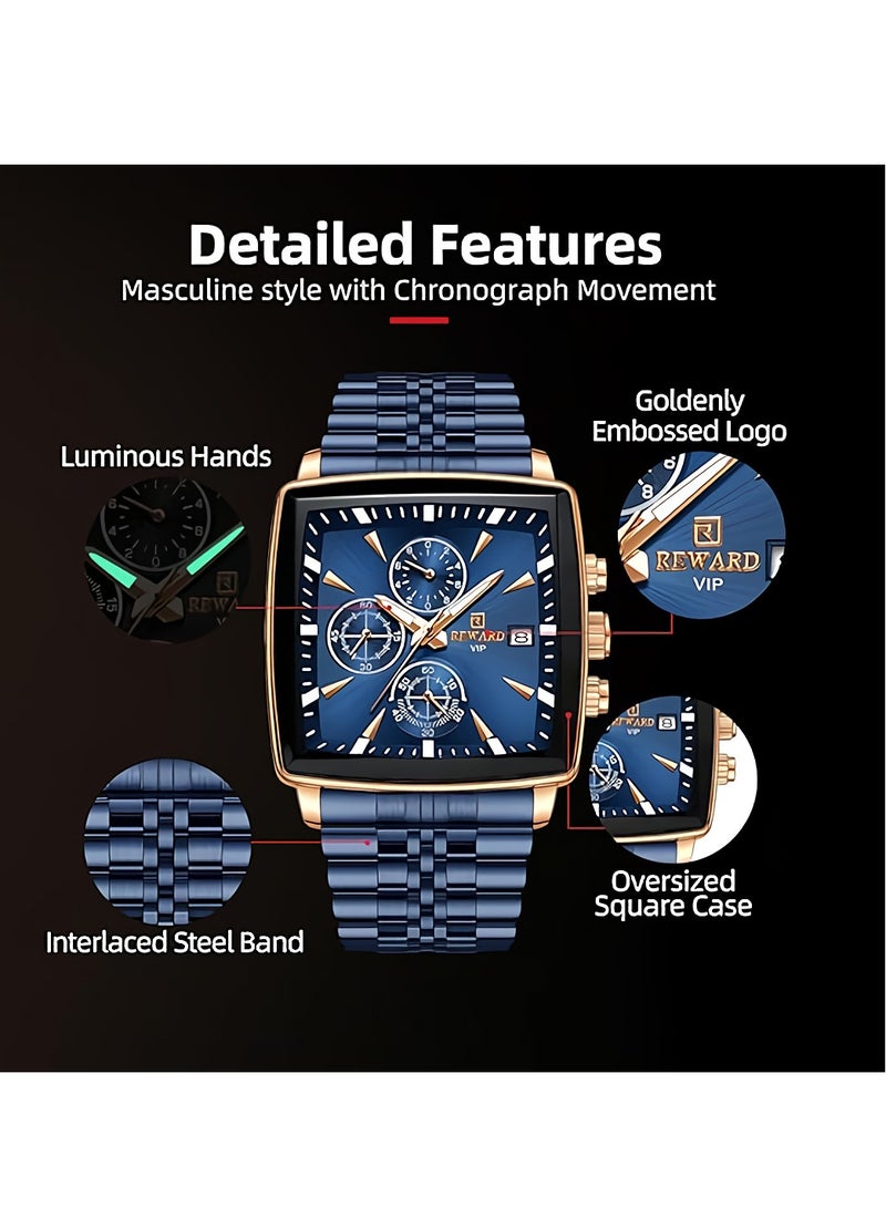 REWARD Quartz Mens Watch, Waterproof Luminous Sport Watch, Comfortable Stainless Steel Chronograph Wristwatch, Lightweight And Durable Business Watch, (1pc, Blue And Gold) - Image 4