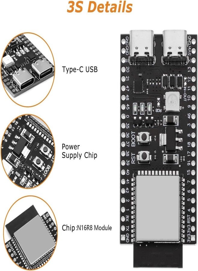AYWHP ESP32 ESP32-S3 Development Board AYWHP 3 Pcs ESP32 S3 ESP32-S3-DevKitC Module with WROOM-1-N16R8 Low Power MCU with Dual-Mode Wi-Fi and Bluetooth Type-C Connector Compatible with Arduino - Image 2