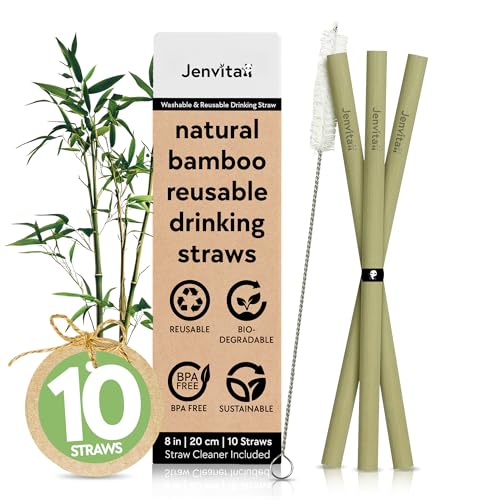Jenvita 100% Bamboo Straws (10-Pack) - Biodegradable & Compostable 8 Inch Reusable Straws with Cleaner | FSC Certified, Eco Friendly | Hand Wash & Dishwasher Safe | For Hot & Cold Drinks - Image 1