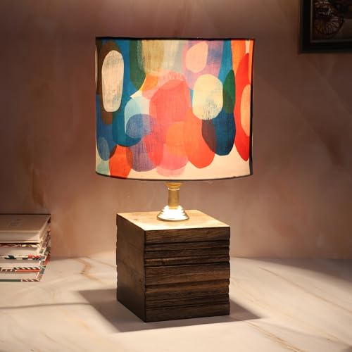 tu casa Mangowood Square Block Style Table Lamp for Home Decoration, Bedroom, Living Room, Lounge, Office, Festival Gifting, Study Table (Abstract Print with Satin Shade) H - 12" / No Blub - Image 3