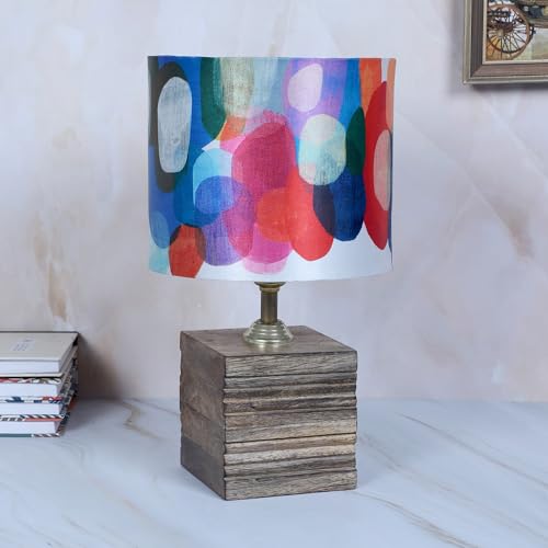 tu casa Mangowood Square Block Style Table Lamp for Home Decoration, Bedroom, Living Room, Lounge, Office, Festival Gifting, Study Table (Abstract Print with Satin Shade) H - 12" / No Blub - Image 1