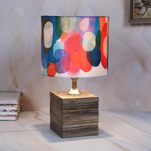 tu casa Mangowood Square Block Style Table Lamp for Home Decoration, Bedroom, Living Room, Lounge, Office, Festival Gifting, Study Table (Abstract Print with Satin Shade) H - 12" / No Blub - Image 2