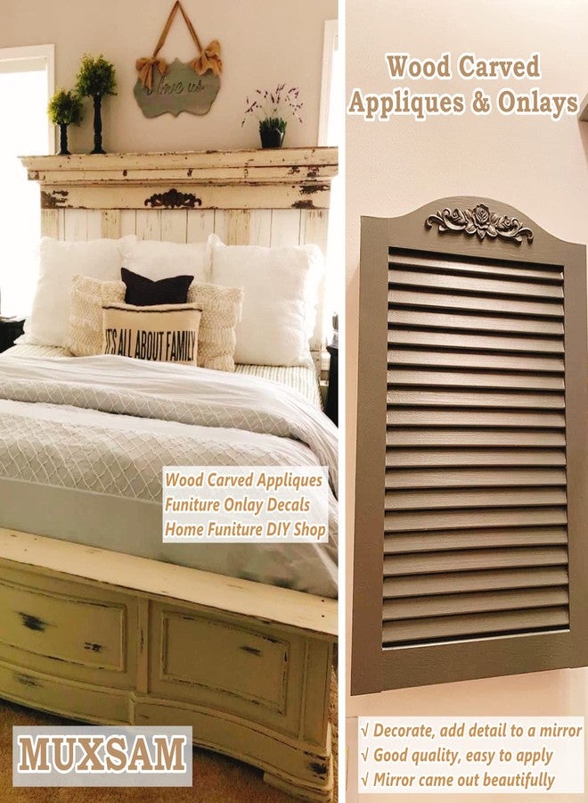 موكسام مجموعة زخارف الورد الخشبية من MUXSAM، عبوة من 5 ملصقات منحوتة غير مطلية لتزيين باب السرير والخزانة وخزانة الملابس ورف المدفأة والسقف والجدار ولوح الرأس، ديكورات حرفية ومشاريع يدوية، 10×10 سم + 30×7 سم - Image 3