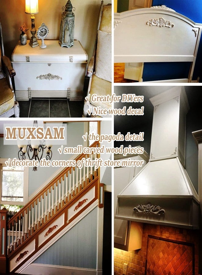 موكسام مجموعة زخارف الورد الخشبية من MUXSAM، عبوة من 5 ملصقات منحوتة غير مطلية لتزيين باب السرير والخزانة وخزانة الملابس ورف المدفأة والسقف والجدار ولوح الرأس، ديكورات حرفية ومشاريع يدوية، 10×10 سم + 30×7 سم - Image 4