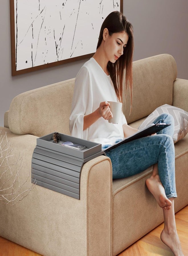 Bestjing Bamboo Sofa Armrest Tray Table for Couch - 2-in-1 Foldable Couch Arm Table with Be Slide Detachable Tray- Anti-Slip Sofa Armchair Caddy for Drinks Cellphone TV Remote Snacks(Gray) - Image 5