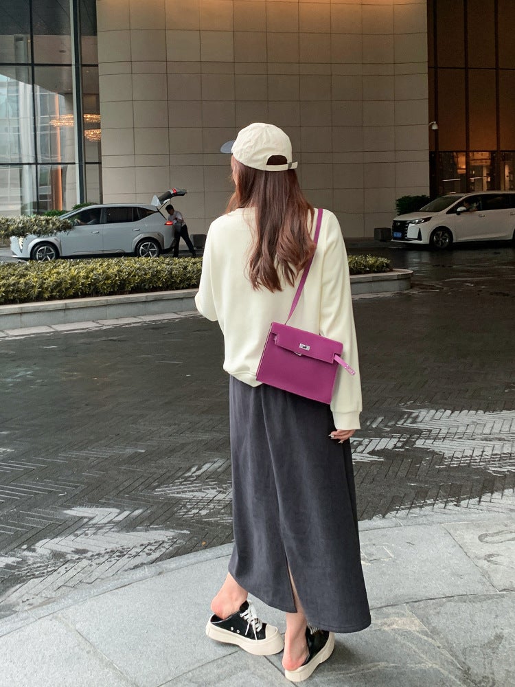 Plus Size High Waist Slit Midi Skirt Autumn Winter Thickened Slimming Brown  - Image 5