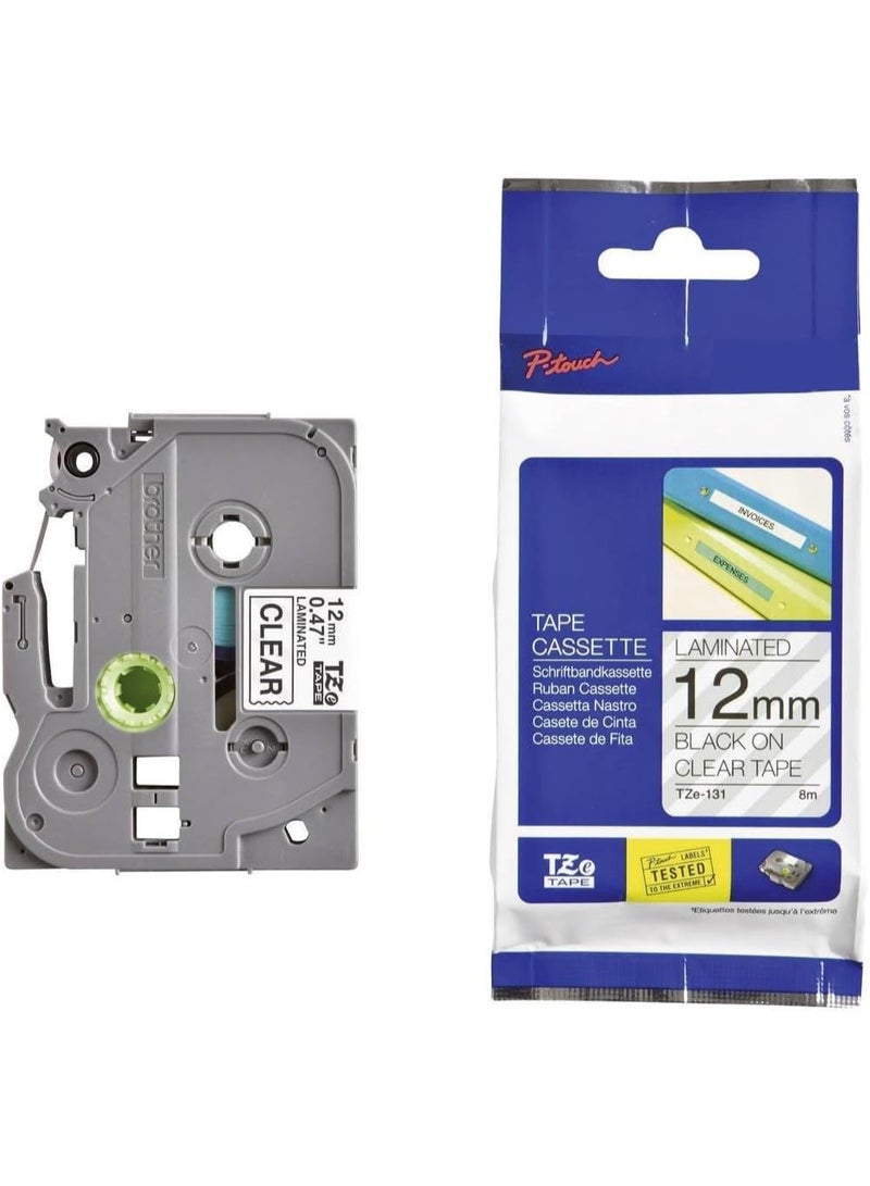 Clear Label Tape TZE, 12mm x 8m, Black on White, Compatible with B-rother TZ 131 TZe 131 - Image 1