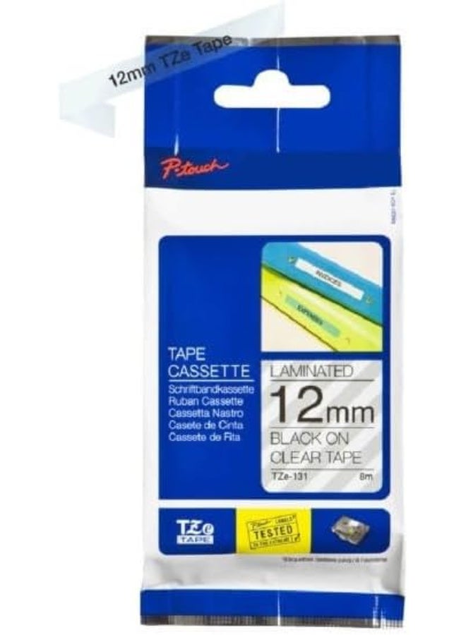 Clear Label Tape TZE, 12mm x 8m, Black on White, Compatible with B-rother TZ 131 TZe 131 - Image 2