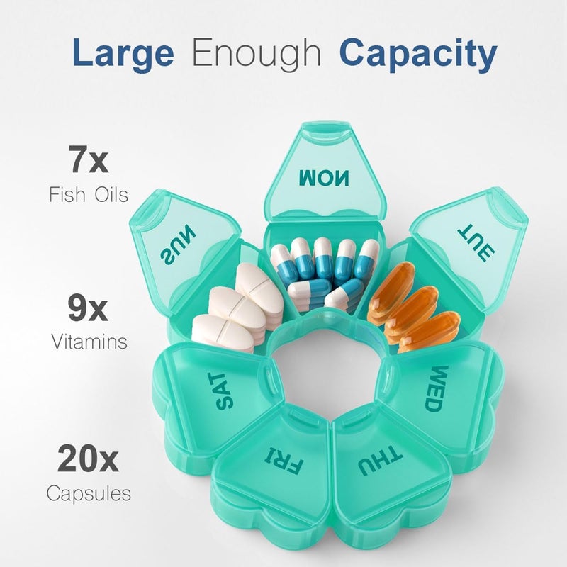 KAPENS Large Weekly Pill Organizer, Pill Box 7 Day, Daily Vitamin Case Large Capacity Compartments, Pill Containers for Fish Oil Medicine Supplements, Green - Image 2