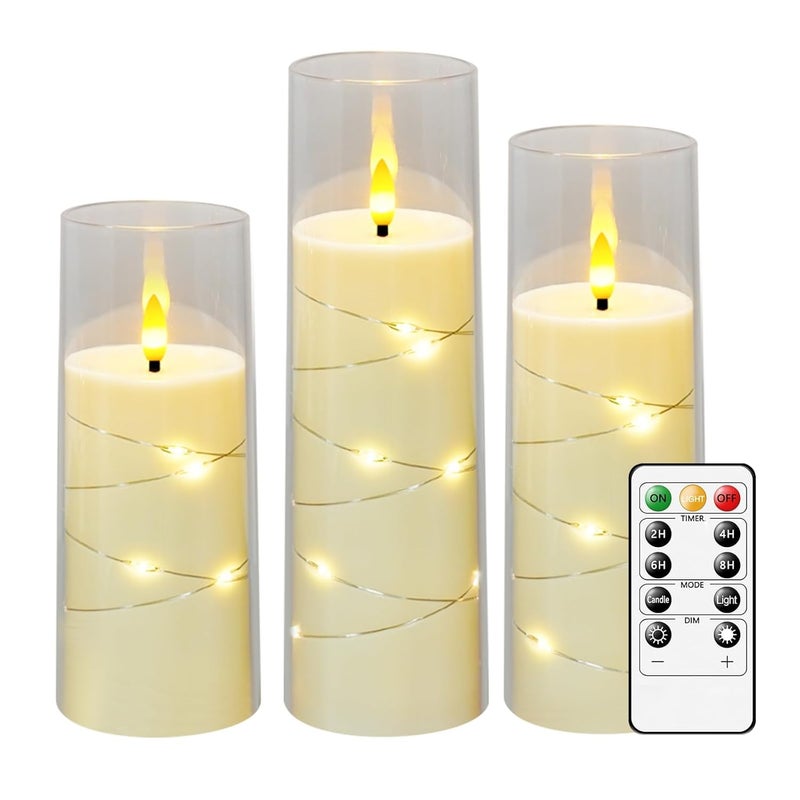 GLODD Set of 3 White Acrylic Fiberglass Flameless Flickering LED Candles | 2.3" Dia x 5",6",7" Height, with Embedded Copper String Lights | AA Battery Powered with Remote for Home Decor & Gifts - Image 1