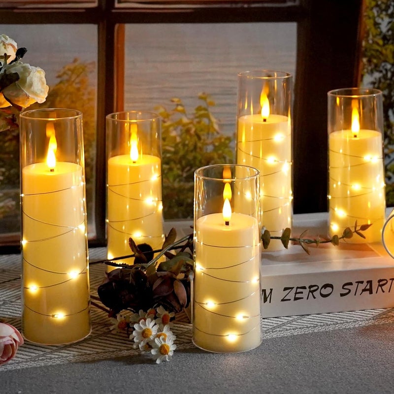 GLODD Set of 3 White Acrylic Fiberglass Flameless Flickering LED Candles | 2.3" Dia x 5",6",7" Height, with Embedded Copper String Lights | AA Battery Powered with Remote for Home Decor & Gifts - Image 2