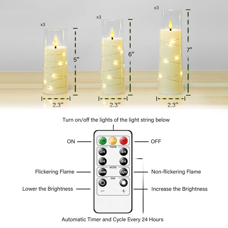 GLODD Set of 3 White Acrylic Fiberglass Flameless Flickering LED Candles | 2.3" Dia x 5",6",7" Height, with Embedded Copper String Lights | AA Battery Powered with Remote for Home Decor & Gifts - Image 3