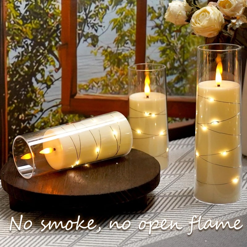 GLODD Set of 3 White Acrylic Fiberglass Flameless Flickering LED Candles | 2.3" Dia x 5",6",7" Height, with Embedded Copper String Lights | AA Battery Powered with Remote for Home Decor & Gifts - Image 4