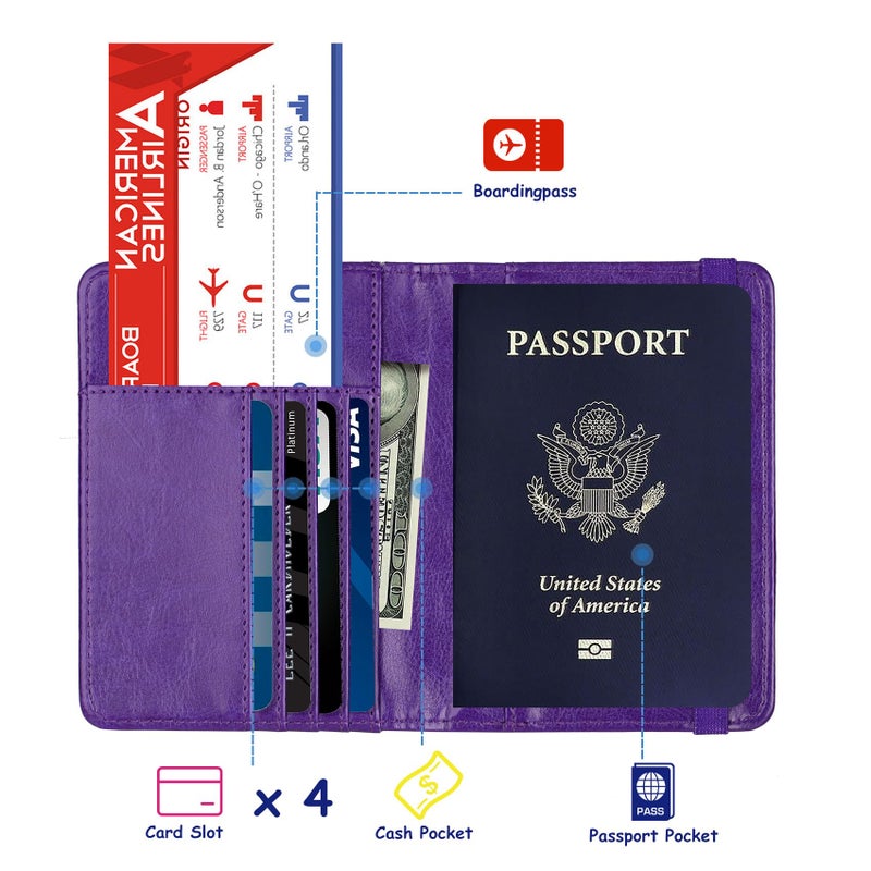 TOURSUIT RFID Blocking Passport Holder for Women Men, Leather Passport Travel Wallet with Metal 3D Metal Badge, Travel Document Holder Cover Accessories (Purple) - Image 2