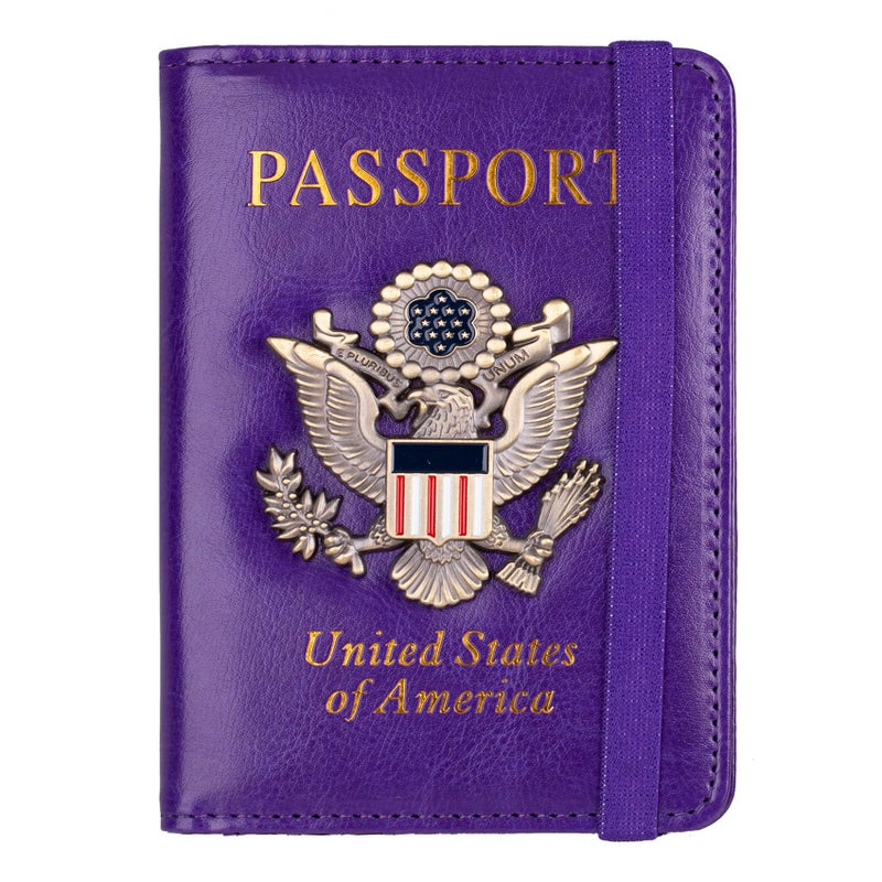 TOURSUIT RFID Blocking Passport Holder for Women Men, Leather Passport Travel Wallet with Metal 3D Metal Badge, Travel Document Holder Cover Accessories (Purple) - Image 1