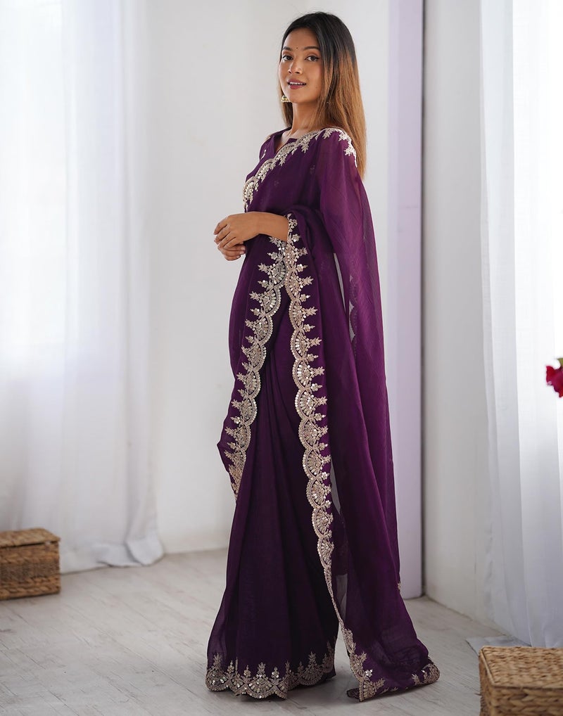 SIRIL Women's Shimmer Chiffon Sequence Embroidery Border Saree With Unstitched Blouse Piece (4282S6772_Wine) - Image 2