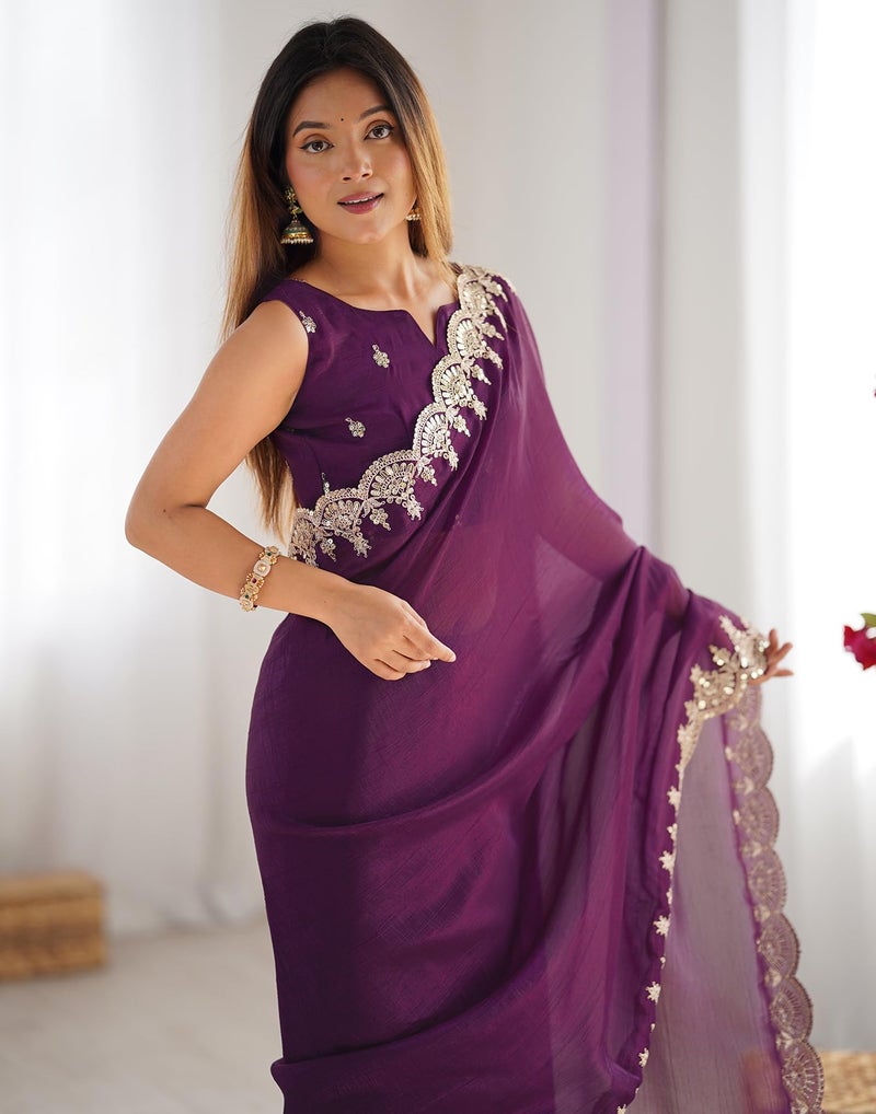SIRIL Women's Shimmer Chiffon Sequence Embroidery Border Saree With Unstitched Blouse Piece (4282S6772_Wine) - Image 5