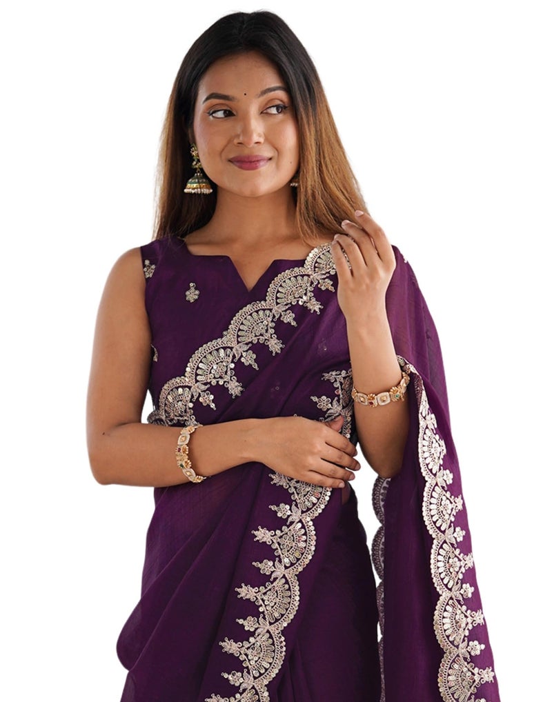SIRIL Women's Shimmer Chiffon Sequence Embroidery Border Saree With Unstitched Blouse Piece (4282S6772_Wine) - Image 1