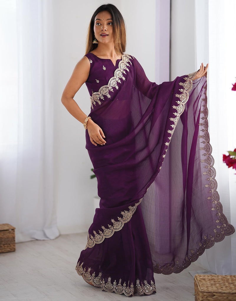 SIRIL Women's Shimmer Chiffon Sequence Embroidery Border Saree With Unstitched Blouse Piece (4282S6772_Wine) - Image 3