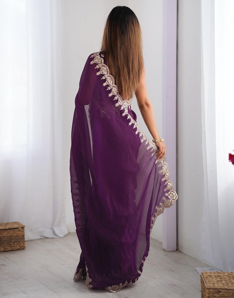 SIRIL Women's Shimmer Chiffon Sequence Embroidery Border Saree With Unstitched Blouse Piece (4282S6772_Wine) - Image 4