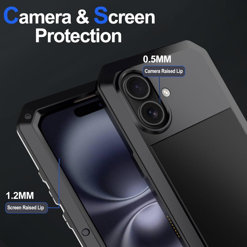 Marrkey for iPhone 16 Metal Case 6.1",Heavy Duty Shockproof Aluminum Alloy Tough Armour Military Grade Phone Case,360 Full Body Protective Cover with Silicone Built-in Screen Protector - Black - Image 5