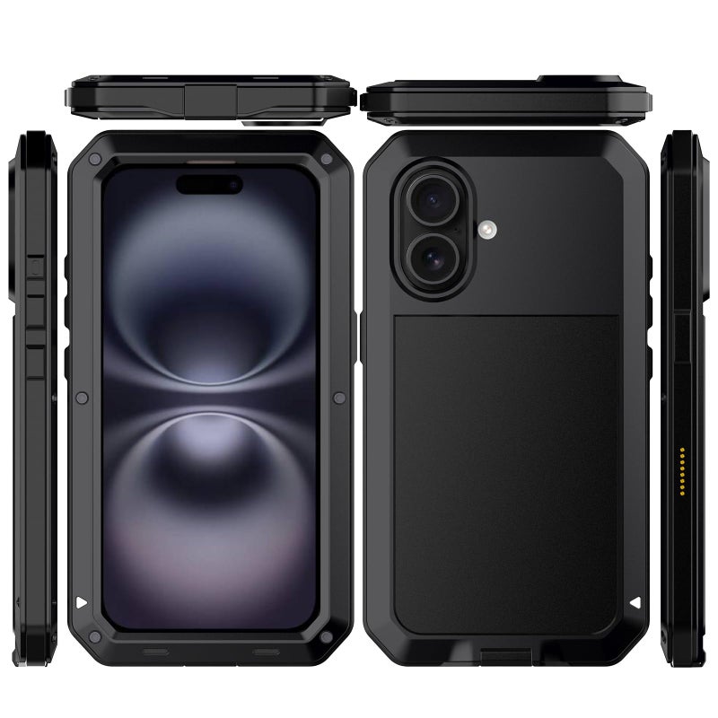 Marrkey for iPhone 16 Metal Case 6.1",Heavy Duty Shockproof Aluminum Alloy Tough Armour Military Grade Phone Case,360 Full Body Protective Cover with Silicone Built-in Screen Protector - Black - Image 2