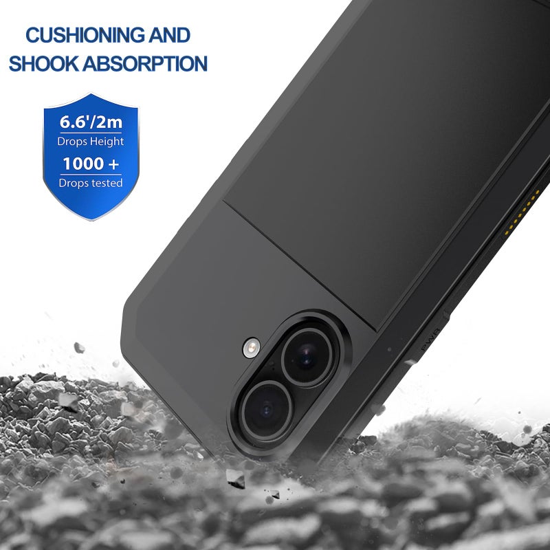 Marrkey for iPhone 16 Metal Case 6.1",Heavy Duty Shockproof Aluminum Alloy Tough Armour Military Grade Phone Case,360 Full Body Protective Cover with Silicone Built-in Screen Protector - Black - Image 4