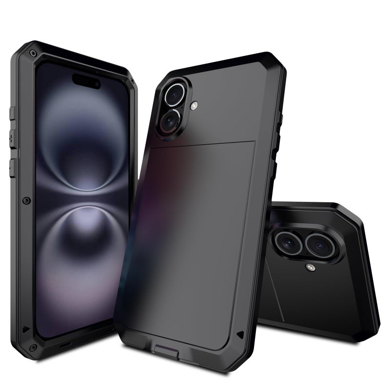 Marrkey for iPhone 16 Metal Case 6.1",Heavy Duty Shockproof Aluminum Alloy Tough Armour Military Grade Phone Case,360 Full Body Protective Cover with Silicone Built-in Screen Protector - Black - Image 3