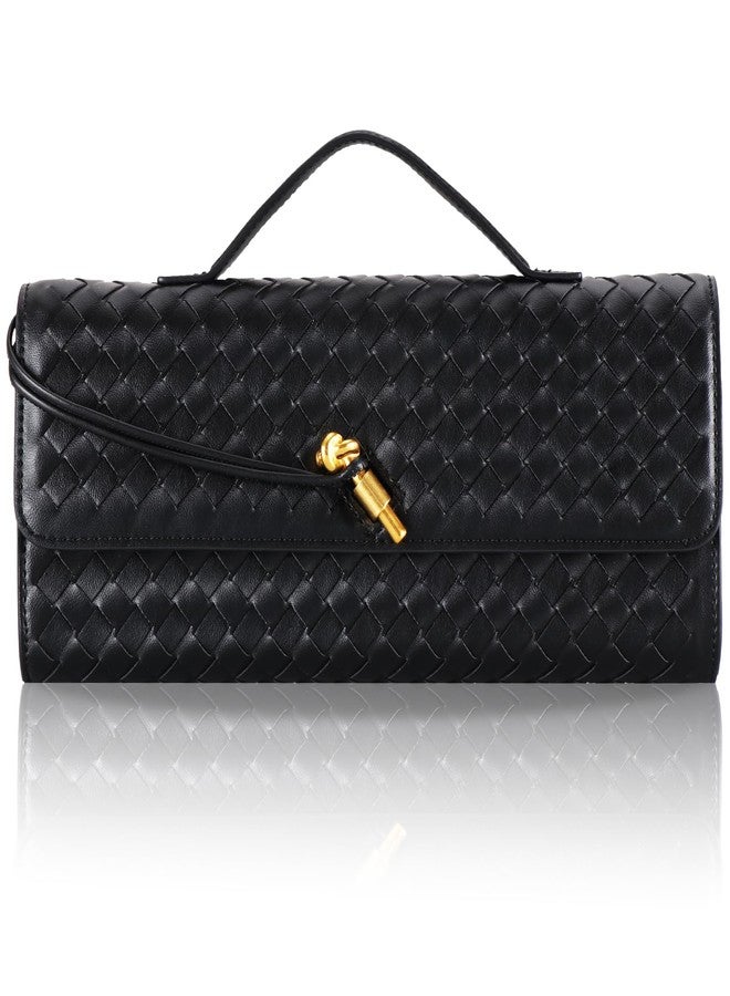 EGCUQ Pu Leather Woven Bag Purse,Black Clutch, Woven Evening Bag For Women 11.8" x 1.7" x 4.9", Black, 11.8" x "1.7" x "4.9" inches - Image 1