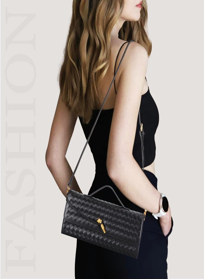 EGCUQ Pu Leather Woven Bag Purse,Black Clutch, Woven Evening Bag For Women 11.8" x 1.7" x 4.9", Black, 11.8" x "1.7" x "4.9" inches - Image 2
