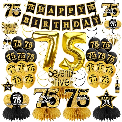 Turypaty 36Pcs 75th Birthday Decorations Kit for Men Women Black Gold Happy 75 Birthday Banner Balloons Honeycomb Centerpiece Hanging Swirl Party Supplies Seventyfive Year Old Table Topper Decor - Image 1