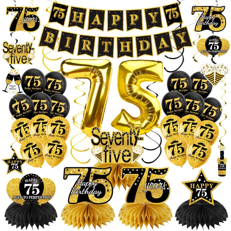 Turypaty 36Pcs 75th Birthday Decorations Kit for Men Women Black Gold Happy 75 Birthday Banner Balloons Honeycomb Centerpiece Hanging Swirl Party Supplies Seventyfive Year Old Table Topper Decor - Image 2