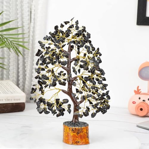 Crocon Natural Healing Gemstone Crystal Bonsai Fortune Money Tree for Good Luck, Wealth & Prosperity Spiritual Gift Size 10-12 Inch (Black (Golden Wire)) - Image 2