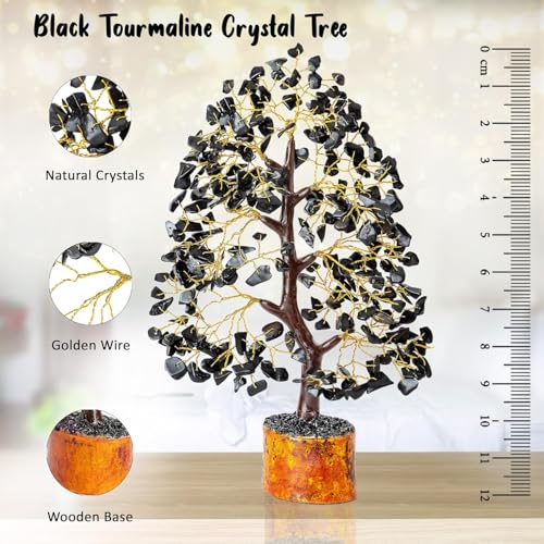 Crocon Natural Healing Gemstone Crystal Bonsai Fortune Money Tree for Good Luck, Wealth & Prosperity Spiritual Gift Size 10-12 Inch (Black (Golden Wire)) - Image 3