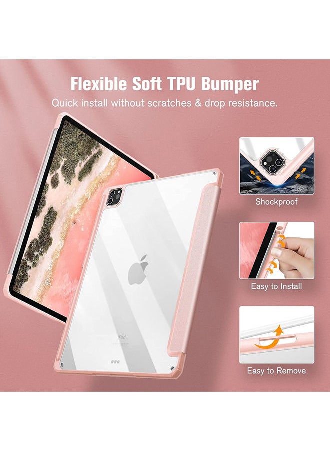Rock Pow - Protective Case Cover For Apple iPad Pro 12.9 inch (2021/2020) Generation with Pencil Holder, [Support Apple Pencil Charging and Touch ID], Clear Transparent Case with Auto Wake/Sleep,Pink - Image 1