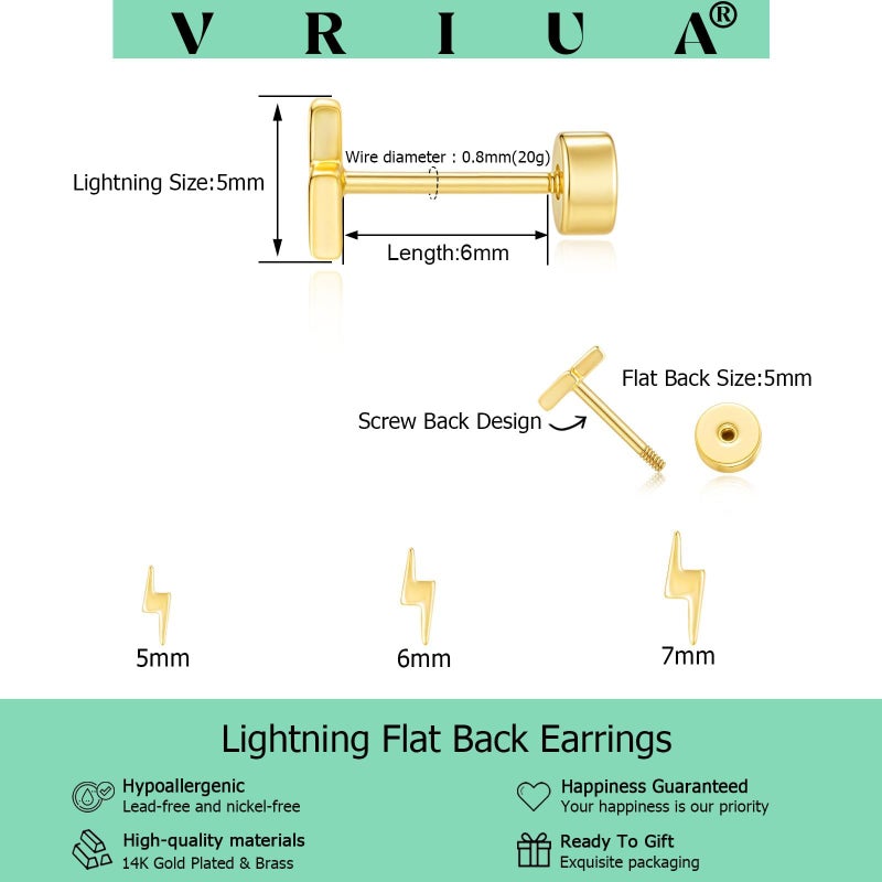 VRIUA Hypoallergenic Flat Back Earrings for Women - 14K Gold Plated Small Lightning Flat Back Stud Earrings Cartilage Helix Piercing Jewelry - Image 4