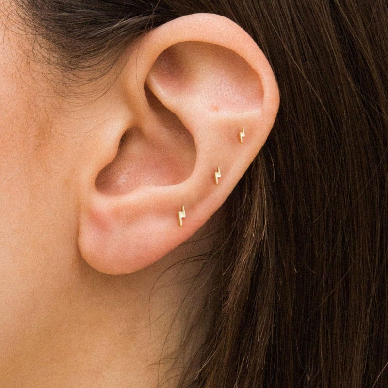 VRIUA Hypoallergenic Flat Back Earrings for Women - 14K Gold Plated Small Lightning Flat Back Stud Earrings Cartilage Helix Piercing Jewelry - Image 2