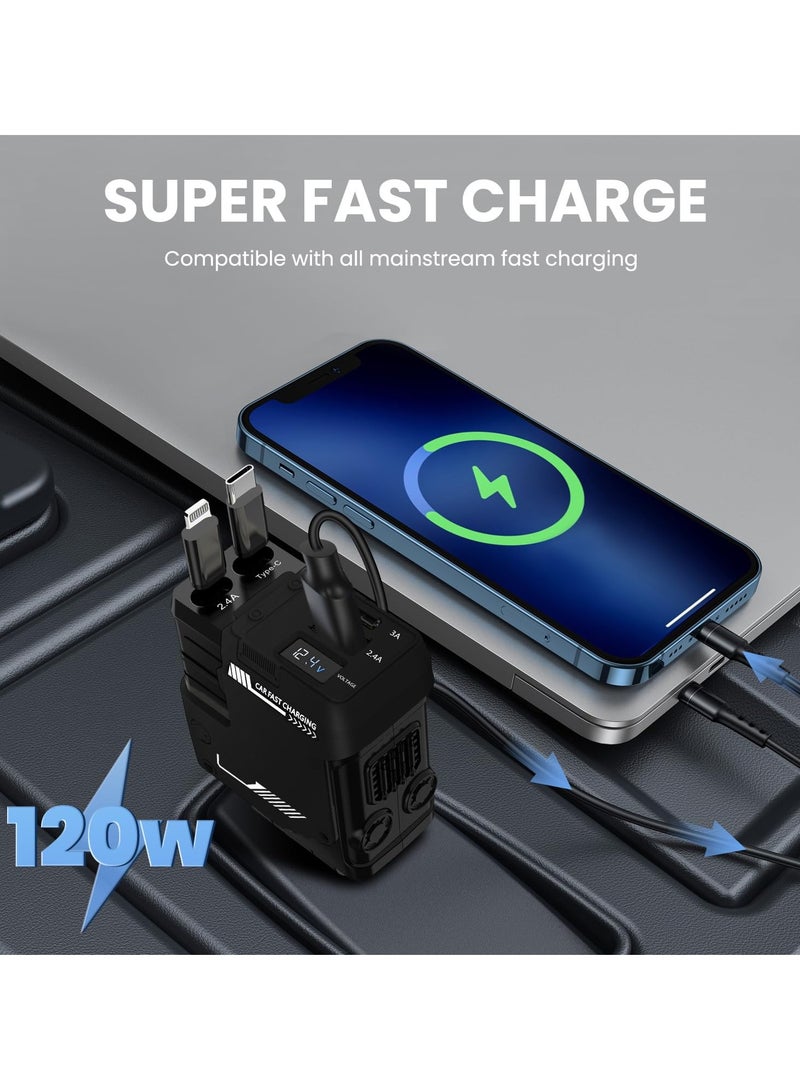 HaHaHai 12/24V 120W Car Charger, 4-Port Fast Charging with Retractable Cable and USB Mecha Car Charger, Mobile Phone Automobile Chargers Compatible with Galaxy and Other Devices(Black) - Image 2