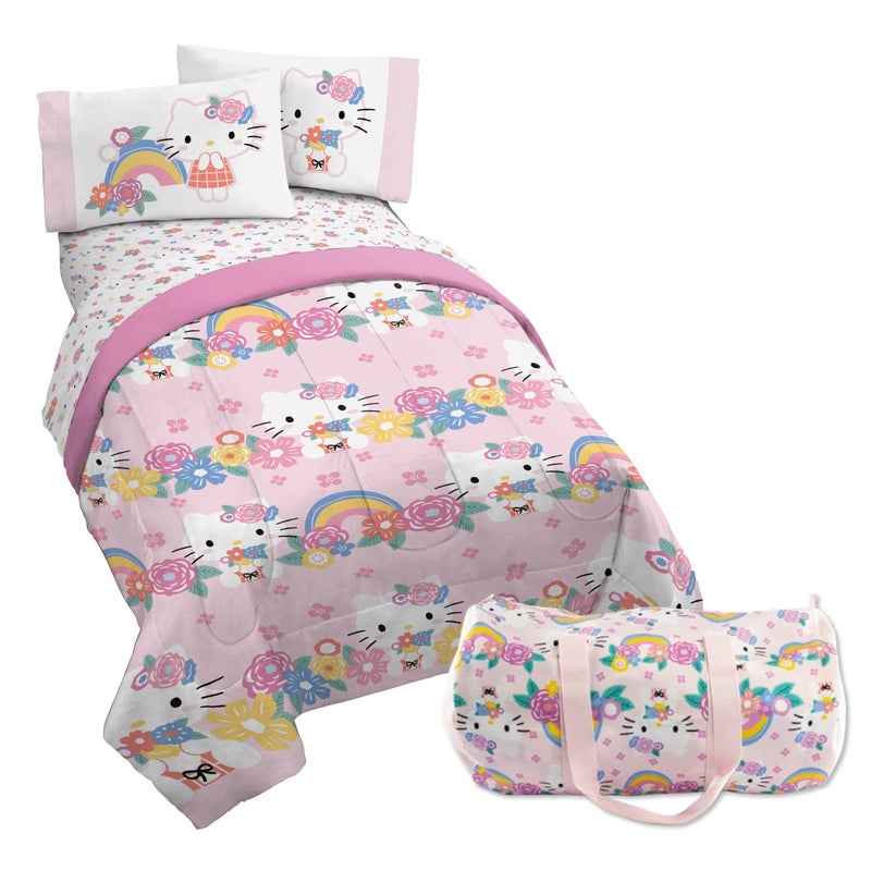 Jay Franco Hello Kitty Twin Size Comforter Set - 4 Piece Floral Bedding Includes Sheet Set, Pillow Covers & Bonus Duffle Bag - Super Soft Bedding - Image 1