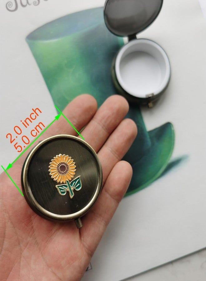 Aimoye Sunflower Travel Pill Box Organizer - Cute Daily Medicine Pill Box for Purse, Round Vintage Vitamin Pill Organizer for Pocket,Bronze Metal Pill Case Portable Pill Holder Storage (Sunflower - Image 3